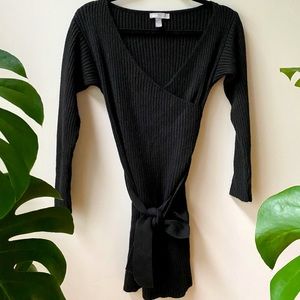 Knit Black Belted V Neck Sweater